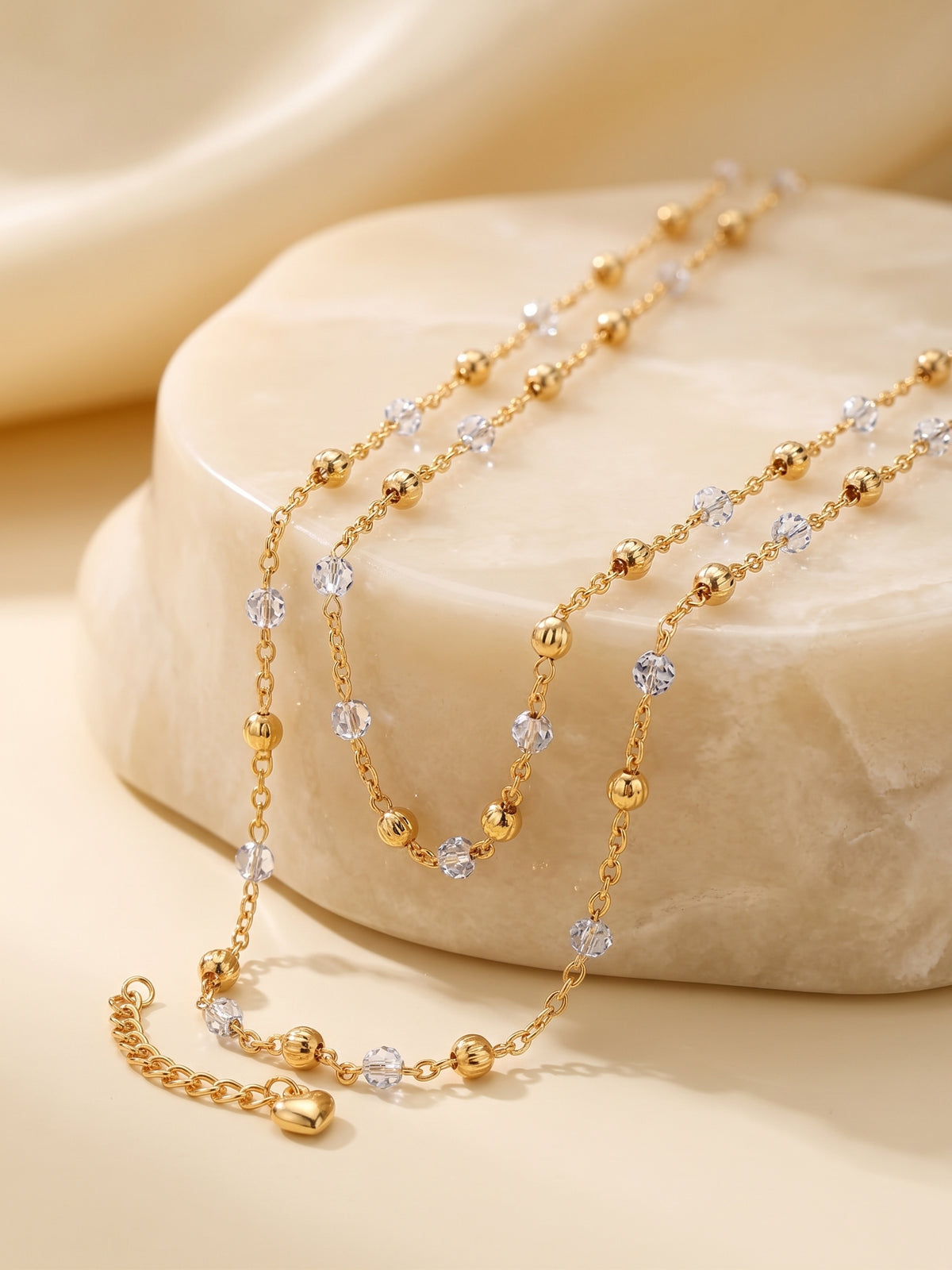 Crystal & Textured Bead Gold-Tone Anklet