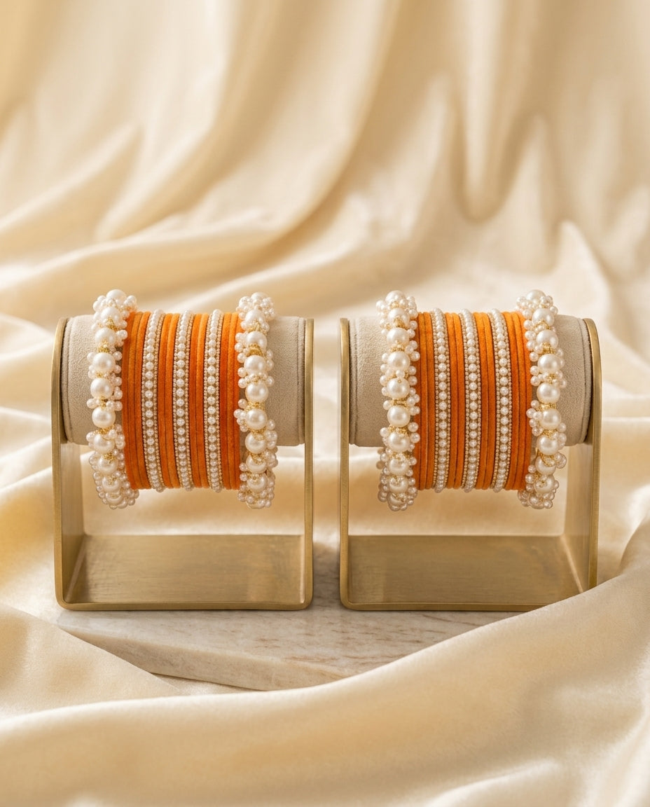 Velvet & Pearl Cluster Chura Bangle Set