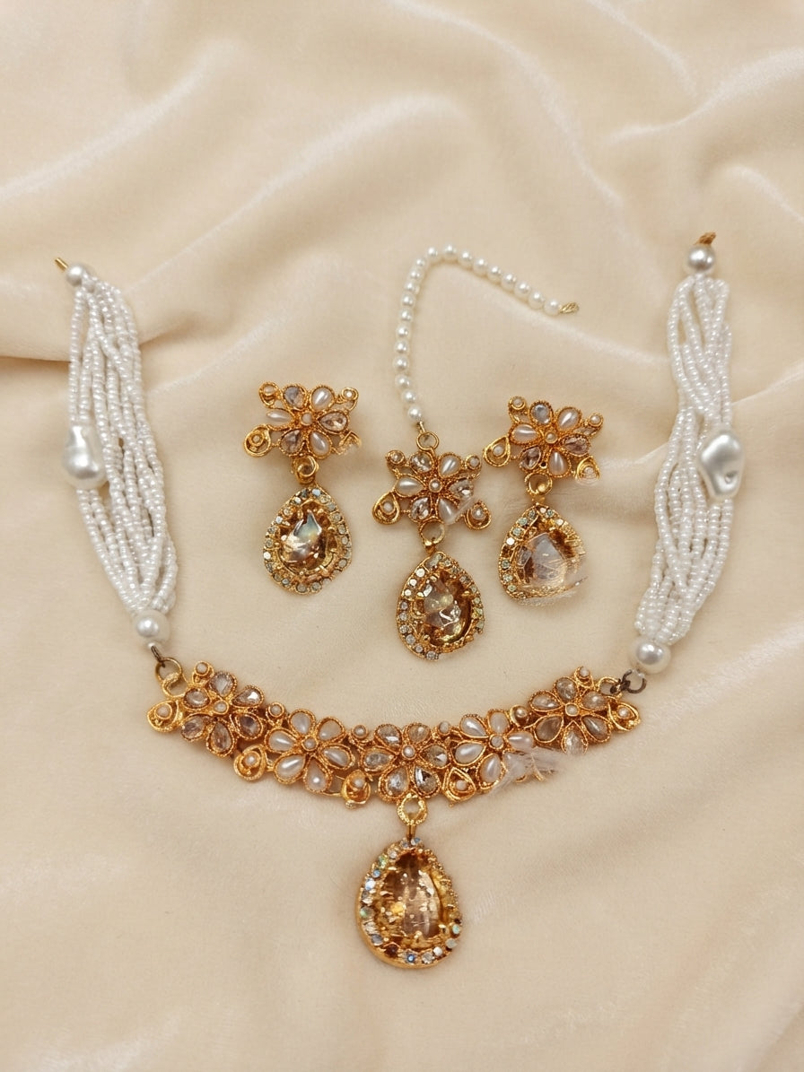 Flora Crystal & Multi-Strand Pearl Choker Set